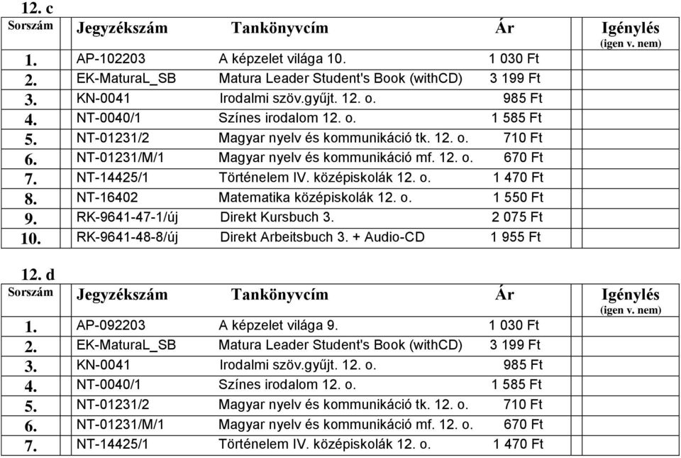 NT-16402 Matematika középiskolák 12. o. 1 550 Ft 9. RK-9641-47-1/új Direkt Kursbuch 3. 2 075 Ft 10. RK-9641-48-8/új Direkt Arbeitsbuch 3. + Audio-CD 1 955 Ft 12. d 1. AP-092203 A képzelet világa 9.