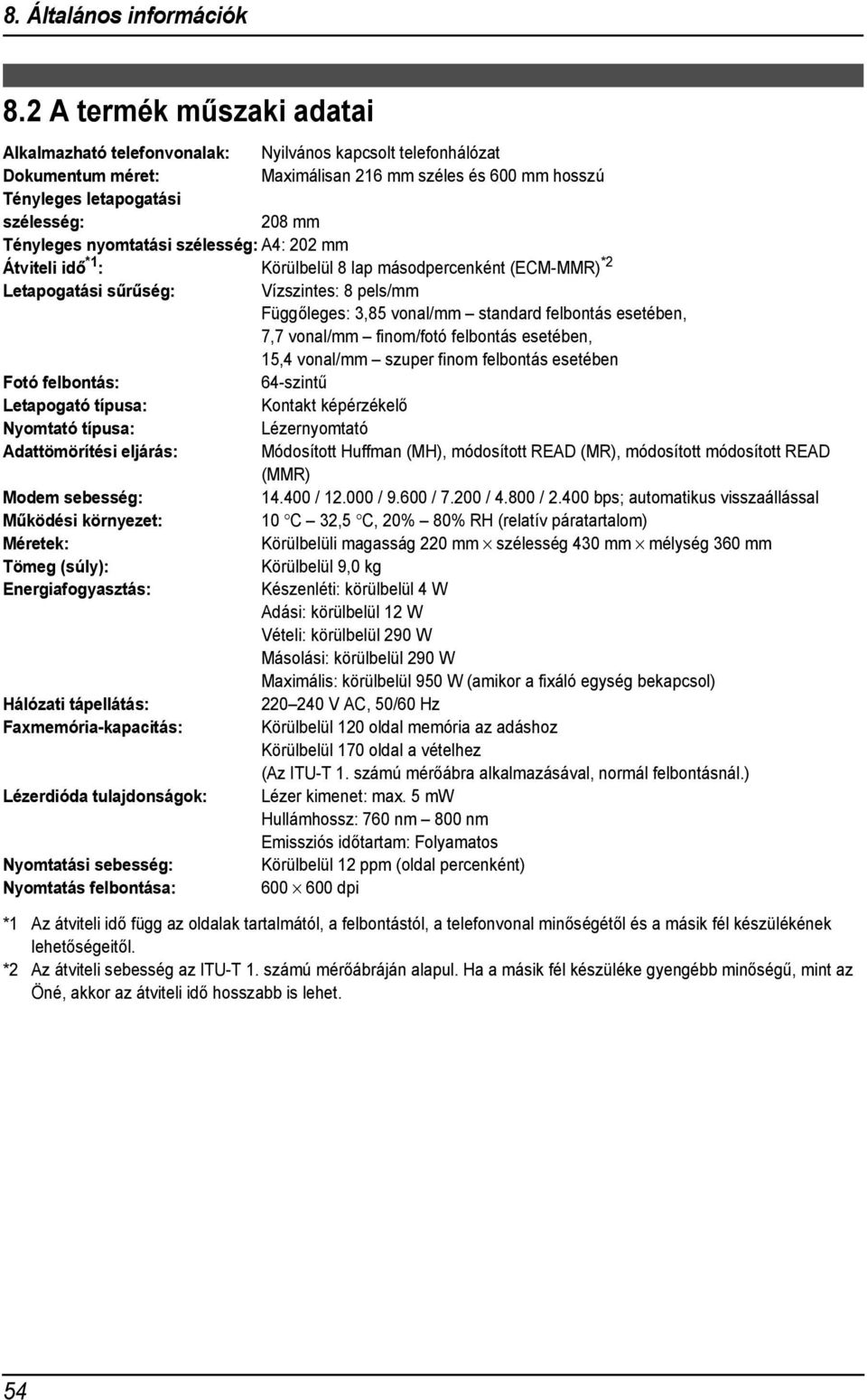 nyomtatási szélesség: A4: 0 mm Átviteli idő * : Körülbelül 8 lap másodpercenként (ECM-MMR) * Letapogatási sűrűség: Vízszintes: 8 pels/mm Függőleges:,85 vonal/mm standard felbontás esetében, 7,7