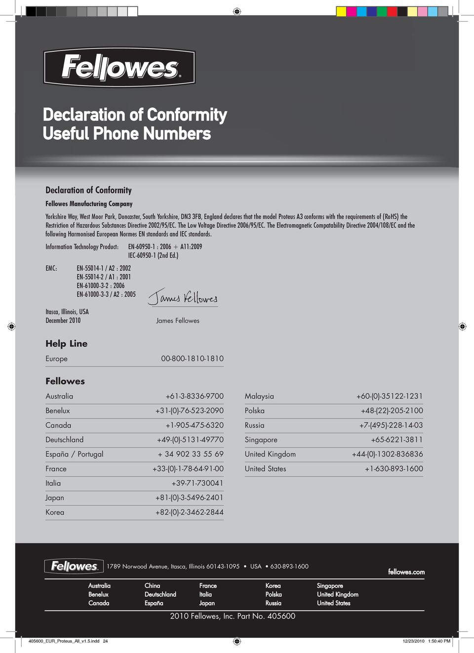 The Electromagnetic Compatability Directive 2004/108/EC and the following Harmonised European Normes EN standards and IEC standards.