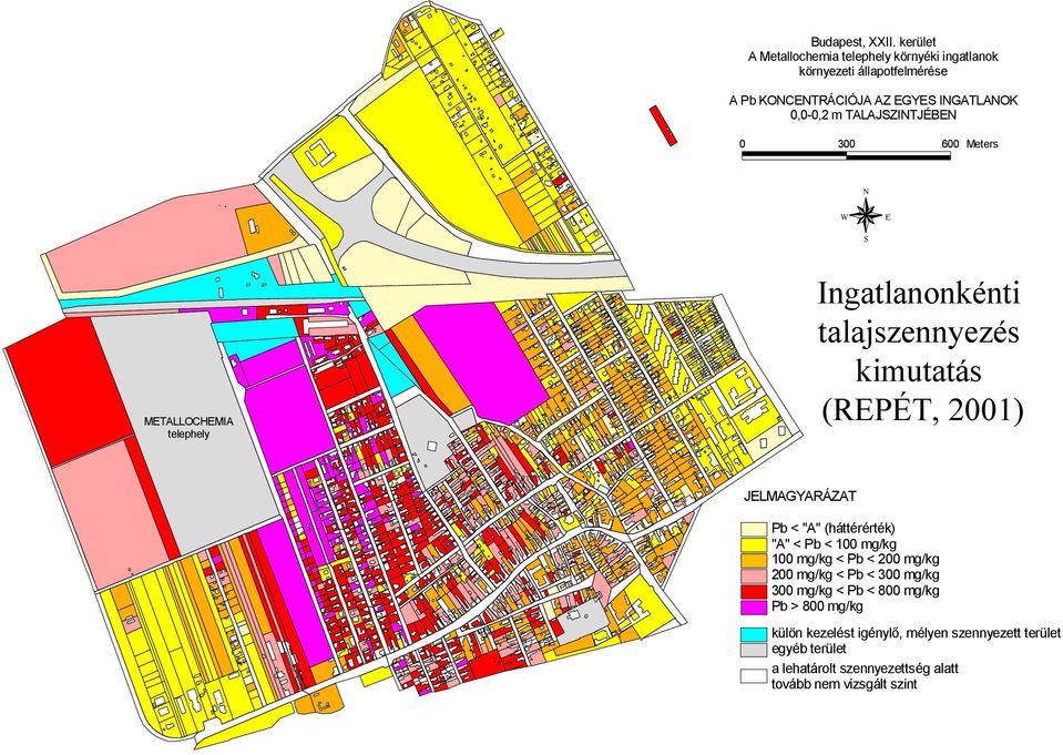 TALAJSZINTJÉBEN 0 300 600 Meters N W E S METALLOCHEMIA telephely Ingatlanonkénti talajszennyezés kimutatás (REPÉT, 2001) JELMAGYARÁZAT Pb