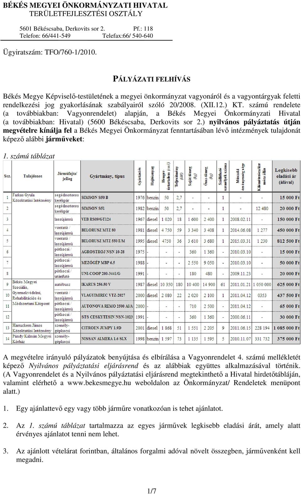 számú rendelete (a továbbiakban: Vagyonrendelet) alapján, a Békés Megyei Önkormányzati Hivatal (a továbbiakban: Hivatal) (5600 Békéscsaba, Derkovits sor 2.