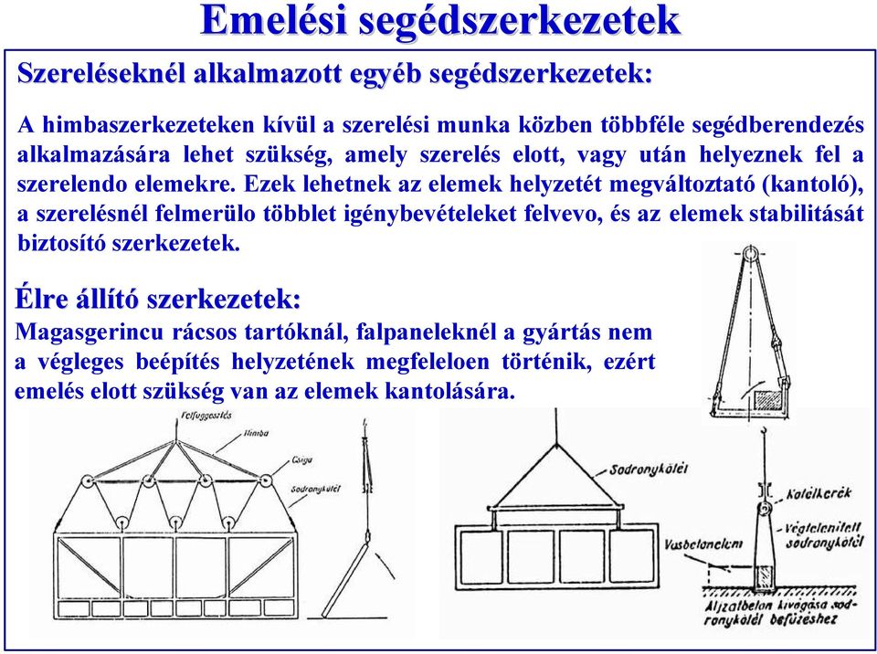 Ezek lehetnek az elemek helyzetét megváltoztató (kantoló), a szerelésnél felmerülo többlet igénybevételeket felvevo, és az elemek stabilitását biztosító