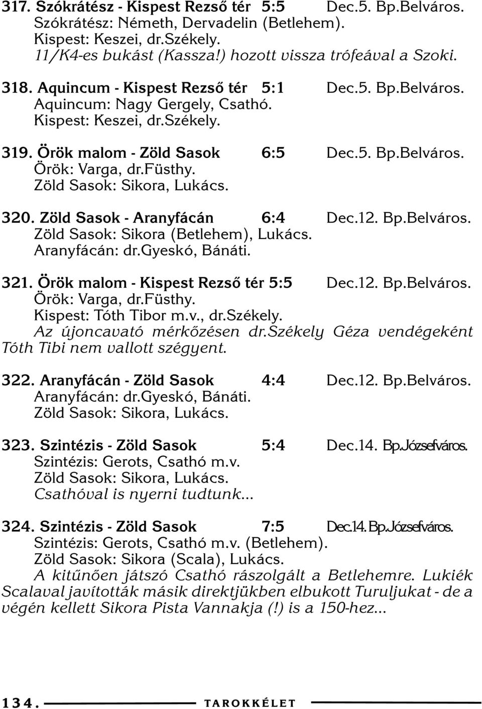 Zöld Sasok - Aranyfácán 6:4 Dec.12. Bp.Belváros. Zöld Sasok: Sikora (Betlehem), Lukács. Aranyfácán: dr.gyeskó, Bánáti. 321. Örök malom - Kispest Rezsõ tér 5:5 Dec.12. Bp.Belváros. Örök: Varga, dr.