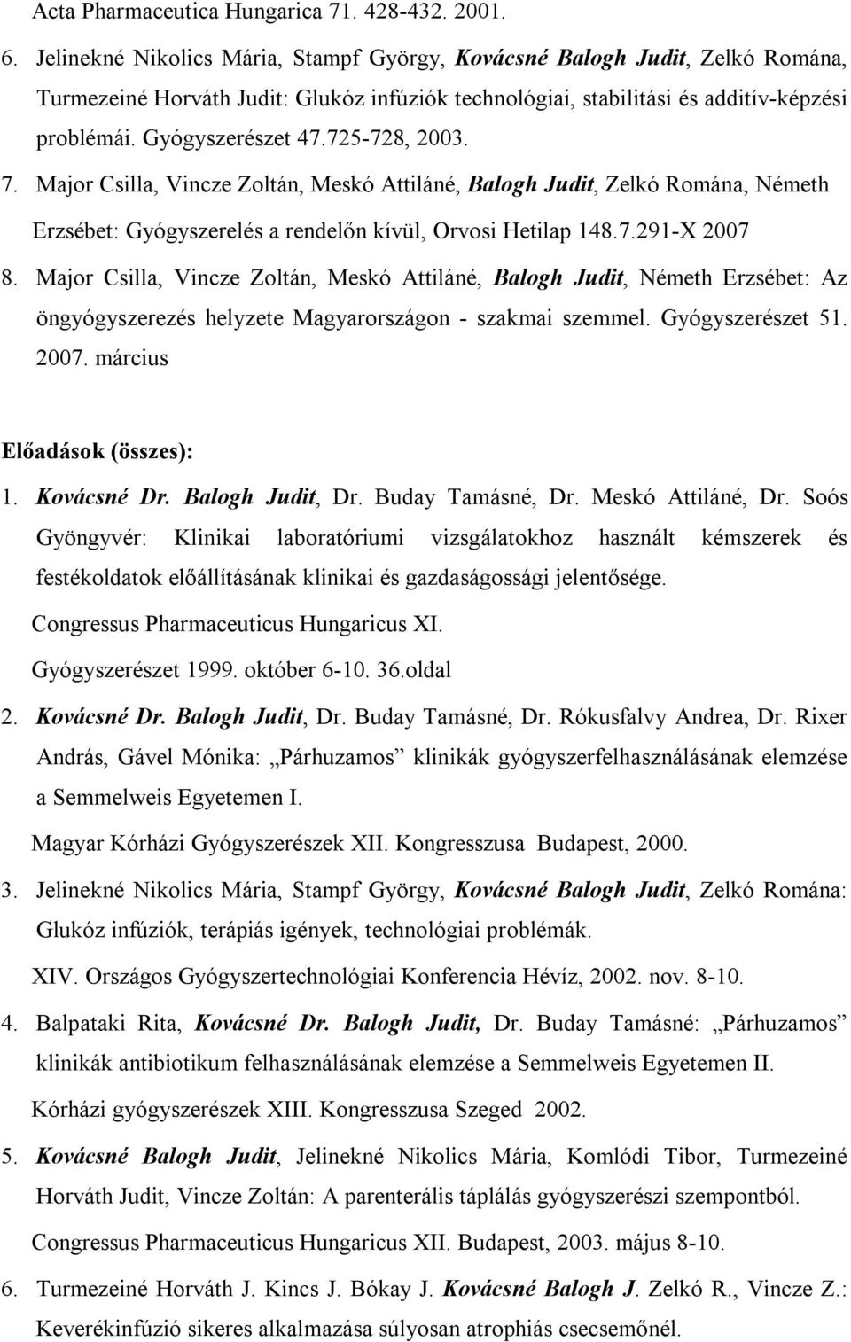 725-728, 2003. 7. Major Csilla, Vincze Zoltán, Meskó Attiláné, Balogh Judit, Zelkó Romána, Németh Erzsébet: Gyógyszerelés a rendelőn kívül, Orvosi Hetilap 148.7.291-X 2007 8.