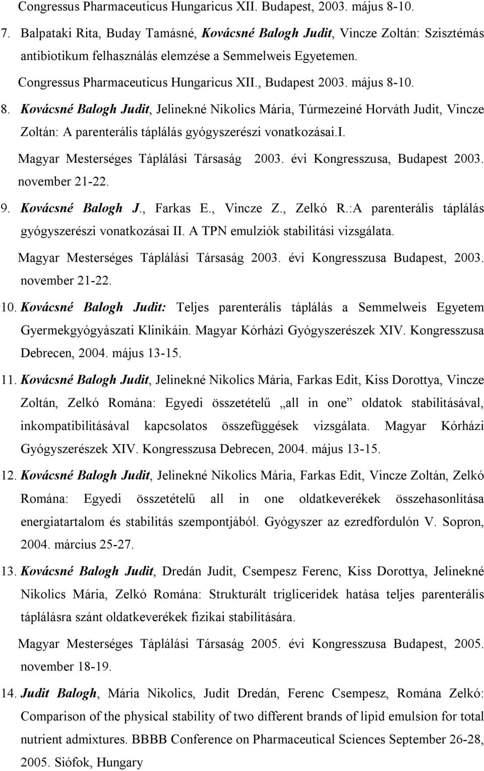 május 8-10. 8. Kovácsné Balogh Judit, Jelinekné Nikolics Mária, Túrmezeiné Horváth Judit, Vincze Zoltán: A parenterális táplálás gyógyszerészi vonatkozásai.i. Magyar Mesterséges Táplálási Társaság 2003.
