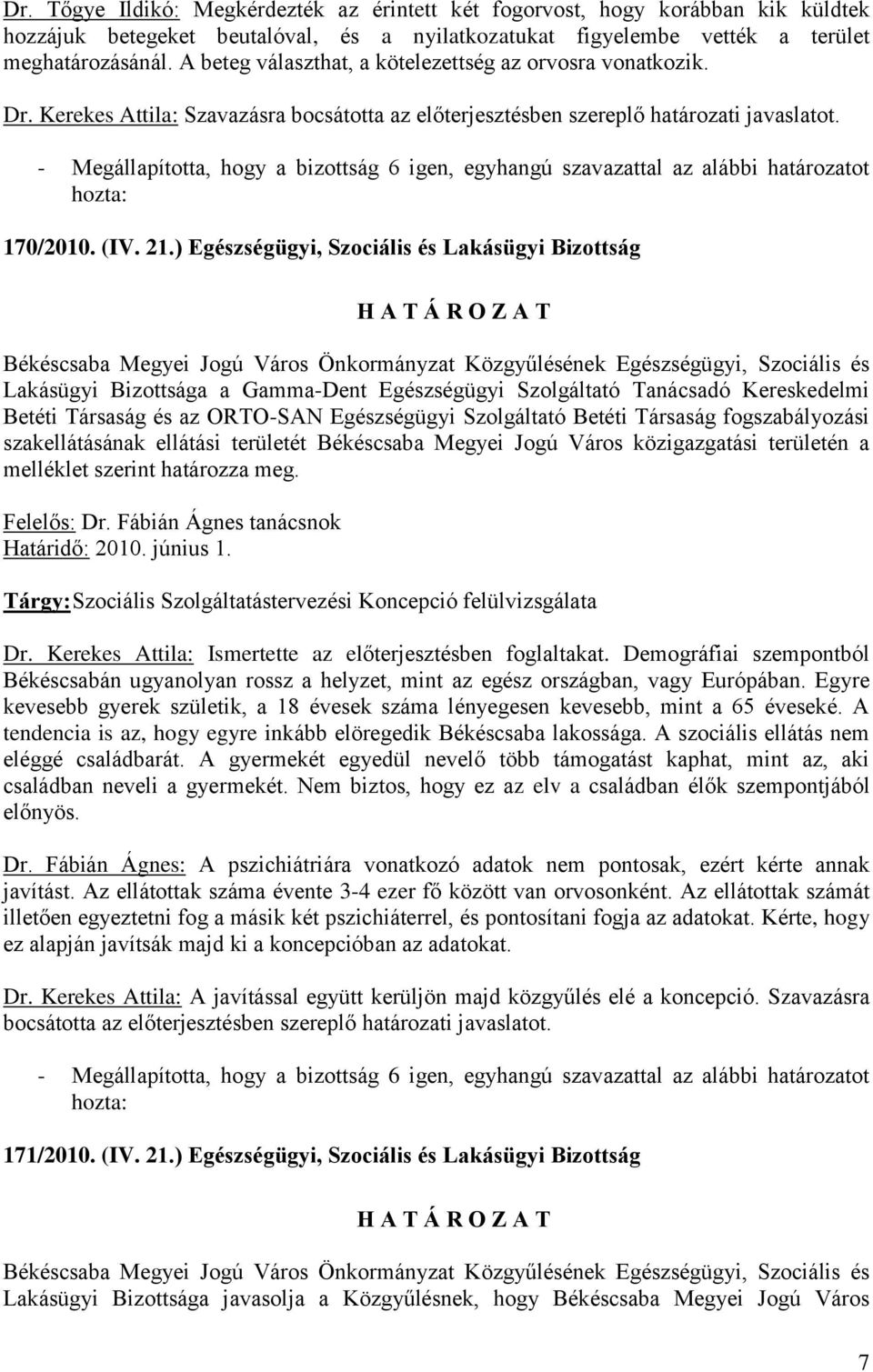 - Megállapította, hogy a bizottság 6 igen, egyhangú szavazattal az alábbi határozatot hozta: 170/2010. (IV. 21.