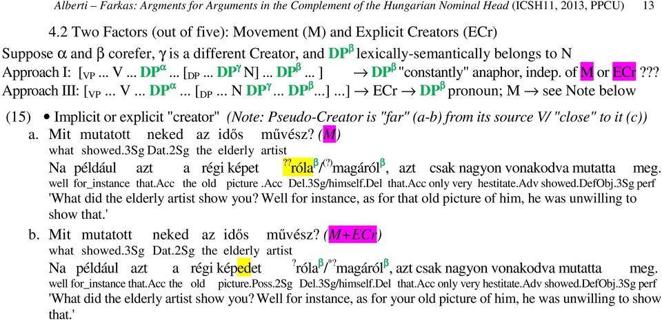 .. [ DP... DP γ N]... DP β... ] DP β "constantly" anaphor, indep. of M or ECr??? Approach III: [ VP... V... DP α... [ DP... N DP γ... DP β...]...] ECr DP β pronoun; M see Note below (15) Implicit or explicit "creator" (Note: Pseudo-Creator is "far" (a-b) from its source V/ "close" to it (c)) a.