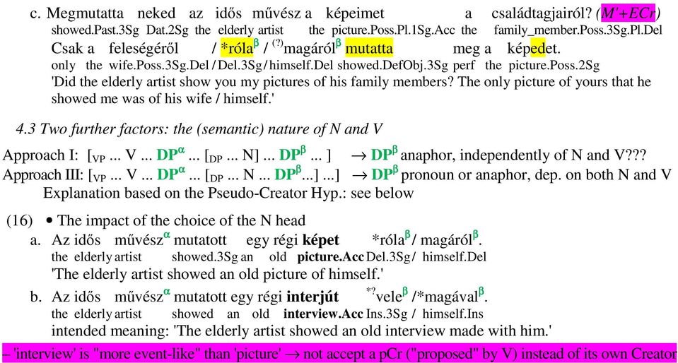 The only picture of yours that he showed me was of his wife / himself.' 4.3 Two further factors: the (semantic) nature of N and V Approach I: [ VP... V... DP α... [ DP... N]... DP β.