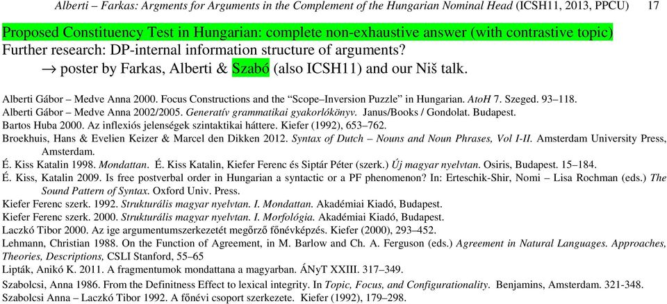 Focus Constructions and the Scope Inversion Puzzle in Hungarian. AtoH 7. Szeged. 93 118. Alberti Gábor Medve Anna 2002/2005. Generatív grammatikai gyakorlókönyv. Janus/Books / Gondolat. Budapest.