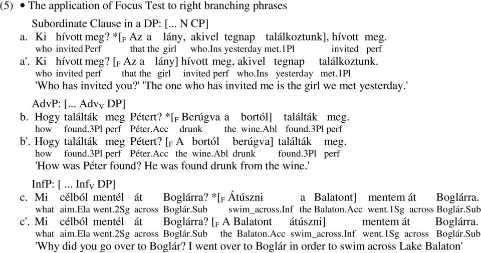 ins yesterday met.1pl 'Who has invited you?' 'The one who has invited me is the girl we met yesterday.' AdvP: [... Adv V DP] b. Hogy találták meg Pétert? *[ F Berúgva a bortól] találták meg.