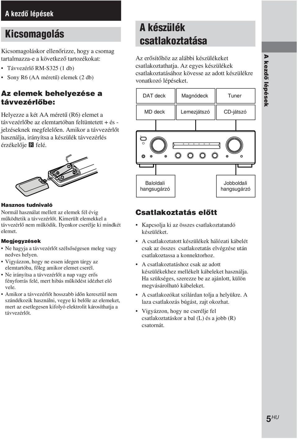 Amikor a távvezérlőt használja, irányítsa a készülék távvezérlés érzékelője felé. A készülék csatlakoztatása Az erősítőhöz az alábbi készülékeket csatlakoztathatja.