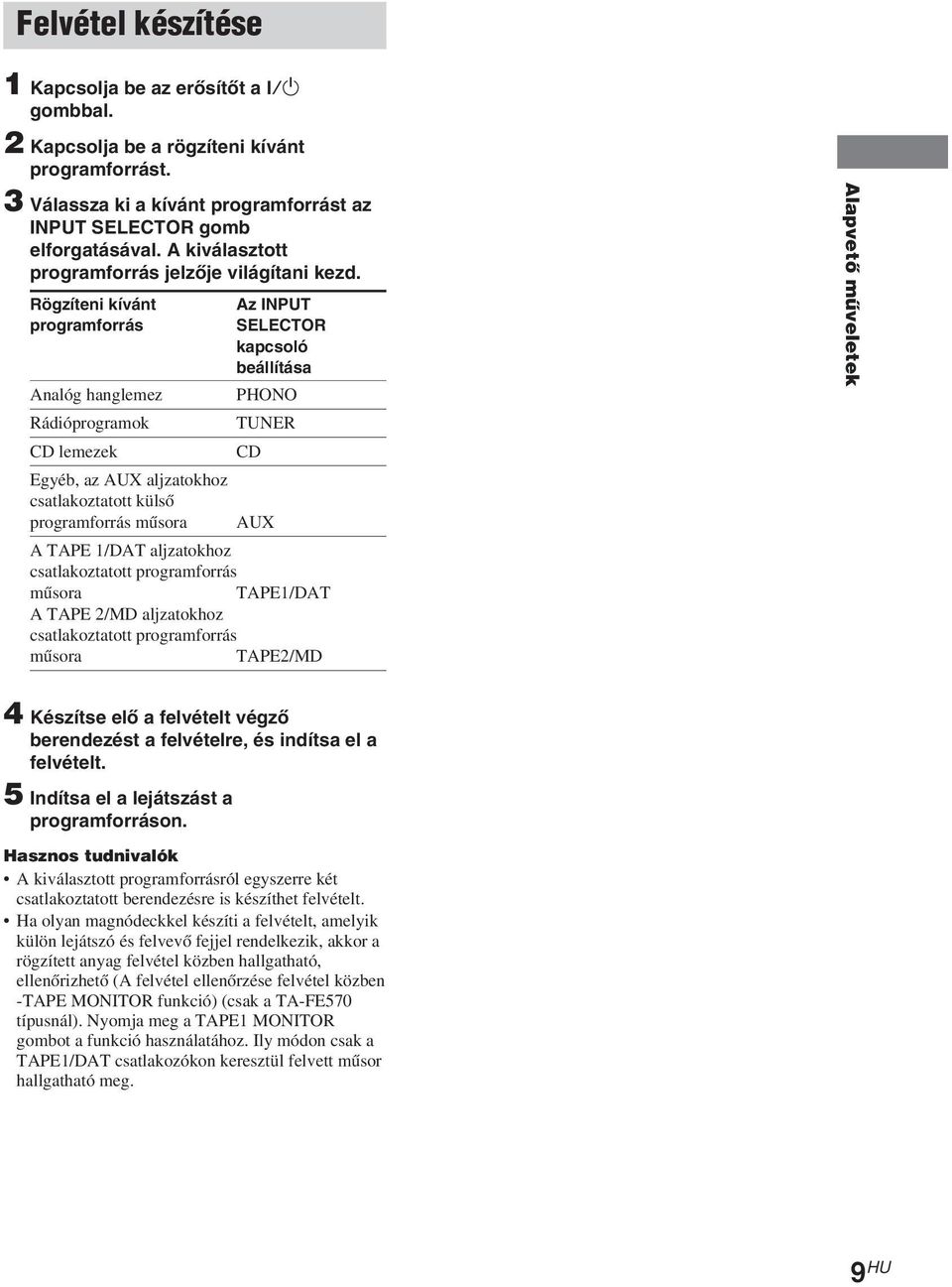 ögzíteni kívánt programforrás Analóg hanglemez ádióprogramok CD lemezek Az PUT SEECTO kapcsoló beállítása TUNE CD Egyéb, az AUX aljzatokhoz csatlakoztatott külső programforrás műsora AUX A TAPE 1/DAT