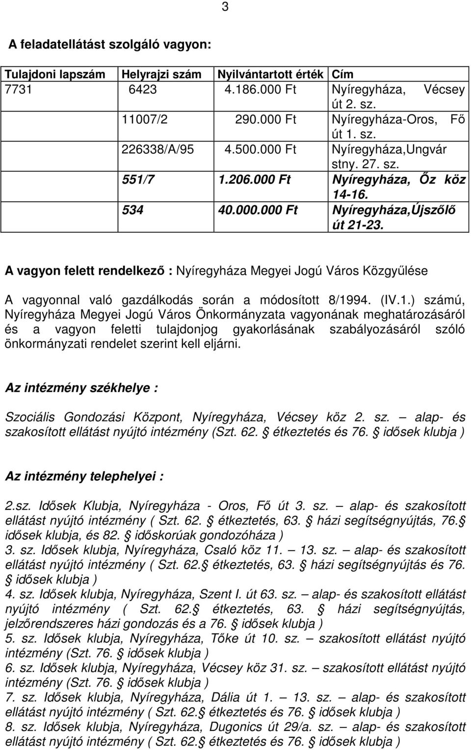 A vagyon felett rendelkező : Nyíregyháza Megyei Jogú Város Közgyűlése A vagyonnal való gazdálkodás során a módosított 8/19