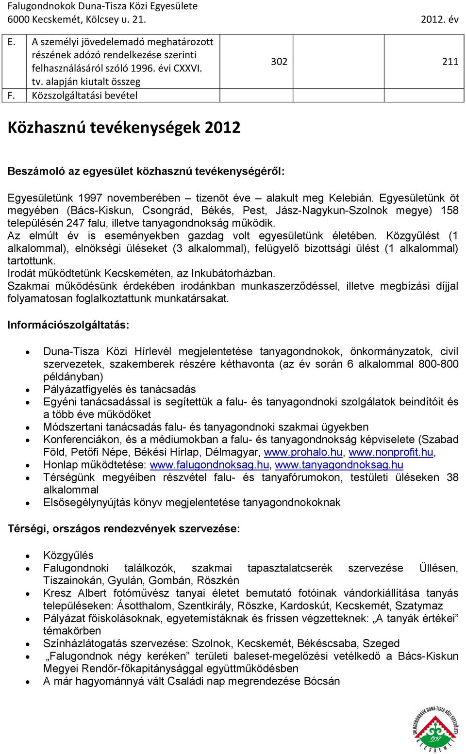 Egyesületünk öt megyében (Bács-Kiskun, Csongrád, Békés, Pest, Jász-Nagykun-Szolnok megye) 158 településén 247 falu, illetve tanyagondnokság működik.