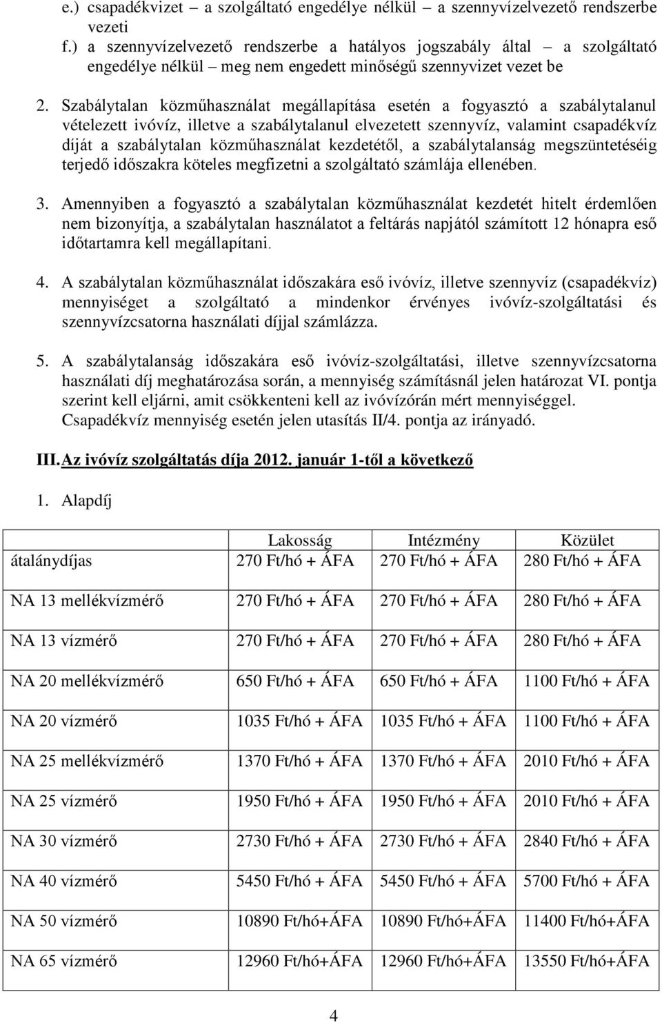 Szabálytalan közműhasználat megállapítása esetén a fogyasztó a szabálytalanul vételezett ivóvíz, illetve a szabálytalanul elvezetett szennyvíz, valamint csapadékvíz díját a szabálytalan