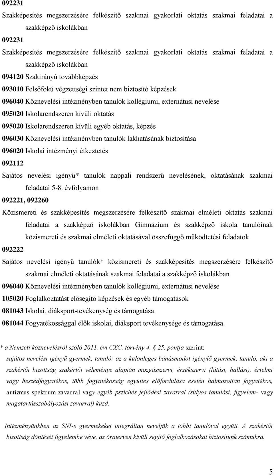 095020 Iskolarendszeren kívüli oktatás 095020 Iskolarendszeren kívüli egyéb oktatás, képzés 096030 Köznevelési intézményben tanulók lakhatásának biztosítása 096020 Iskolai intézményi étkeztetés