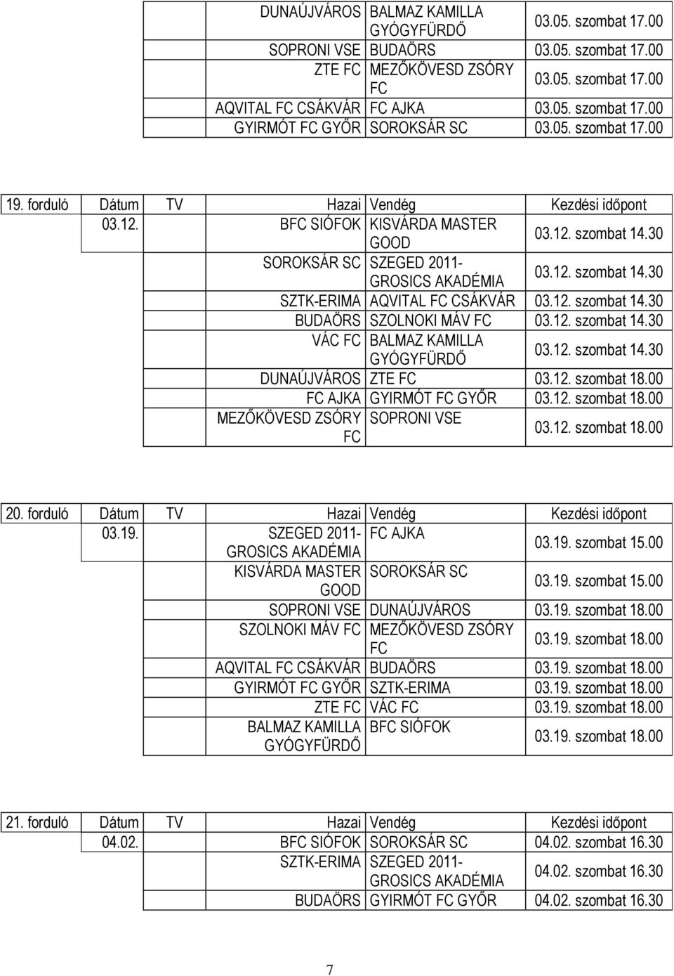 12. szombat 14.30 VÁC BALMAZ KAMILLA 03.12. szombat 14.30 DUNAÚJVÁROS ZTE 03.12. szombat 18.00 AJKA GYIRMÓT GYŐR 03.12. szombat 18.00 MEZŐKÖVESD ZSÓRY SOPRONI VSE 03.12. szombat 18.00 20.