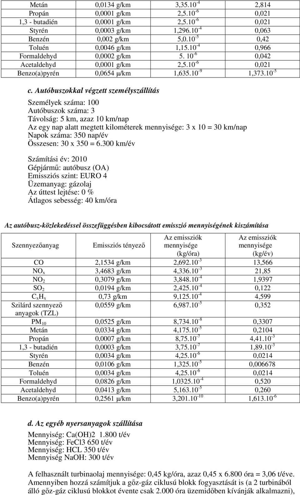 Autóbuszokkal végzett személyszállítás Személyek száma: 100 Autóbuszok száma: 3 Távolság: 5 km, azaz 10 km/nap Az egy nap alatt megtett kilométerek : 3 x 10 = 30 km/nap Napok száma: 350 nap/év