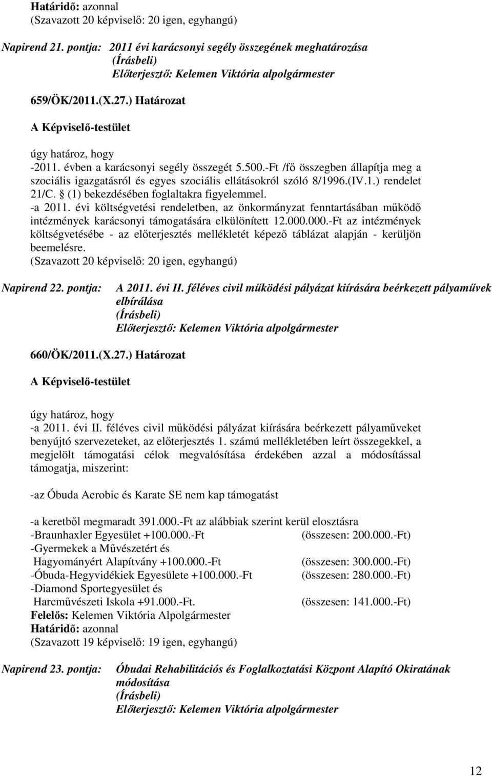 évi költségvetési rendeletben, az önkormányzat fenntartásában működő intézmények karácsonyi támogatására elkülönített 12.000.
