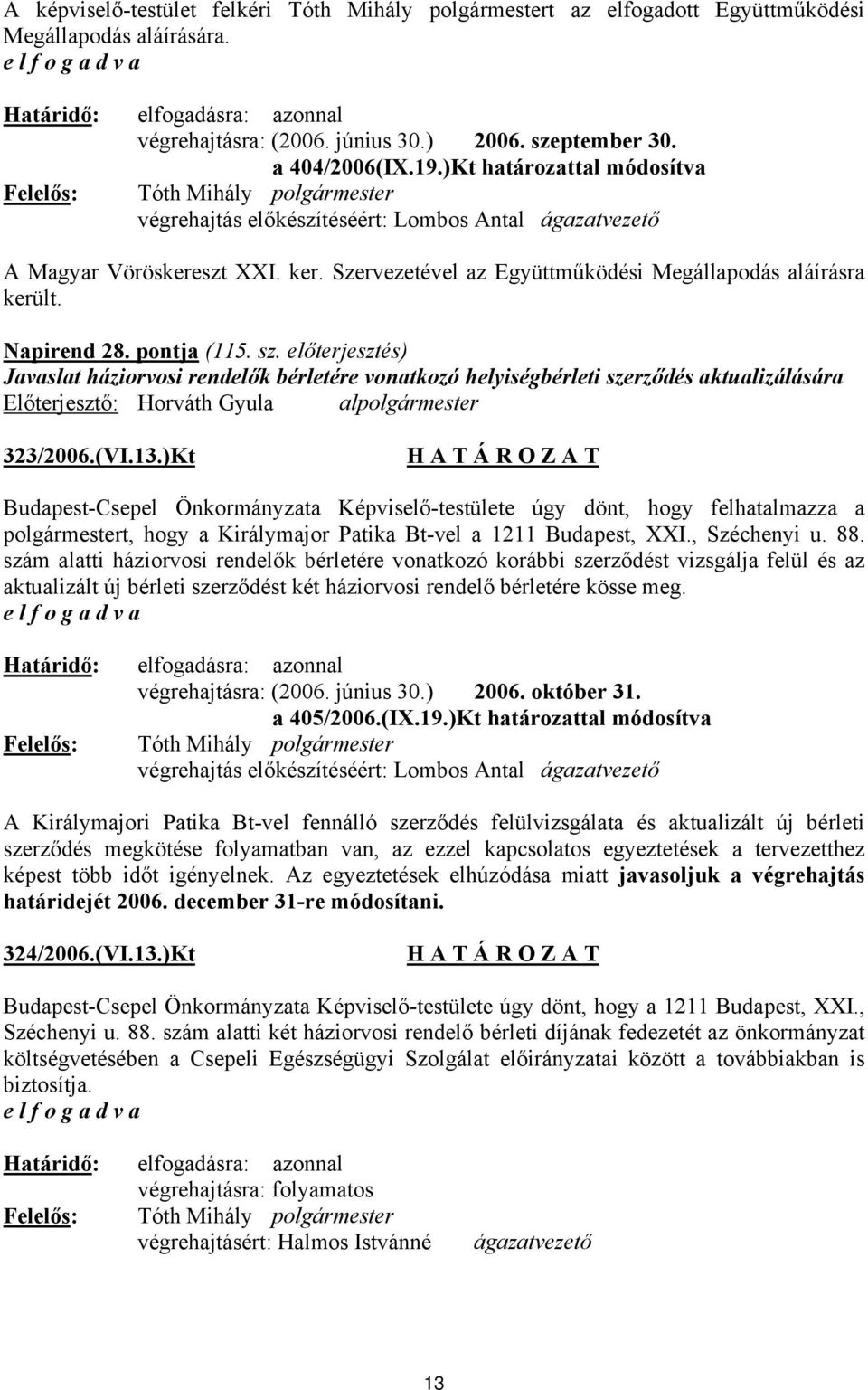 pontja (115. sz. előterjesztés) Javaslat háziorvosi rendelők bérletére vonatkozó helyiségbérleti szerződés aktualizálására Előterjesztő: Horváth Gyula alpolgármester 323/2006.(VI.13.