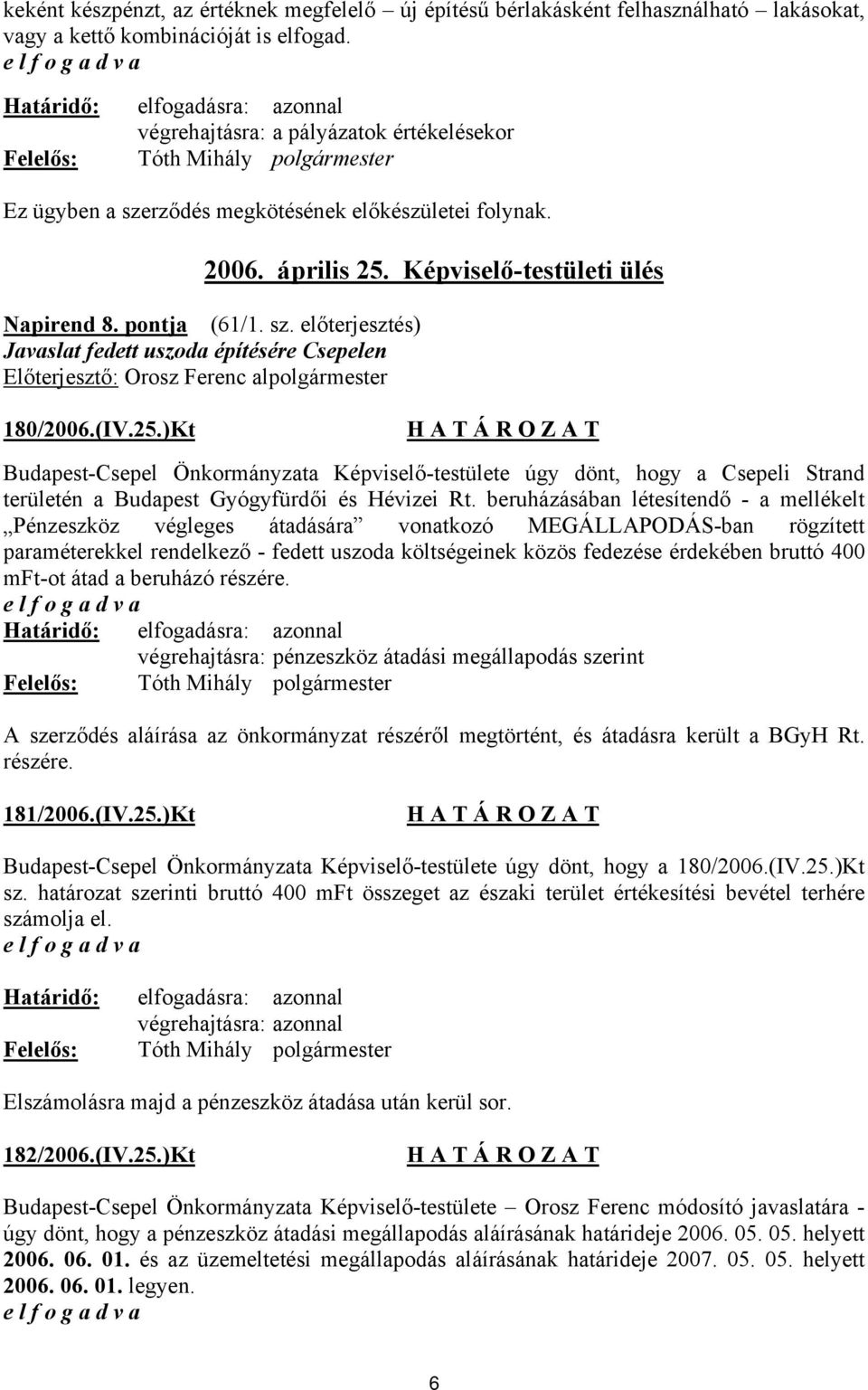 (IV.25.)Kt Budapest-Csepel Önkormányzata Képviselő-testülete úgy dönt, hogy a Csepeli Strand területén a Budapest Gyógyfürdői és Hévizei Rt.