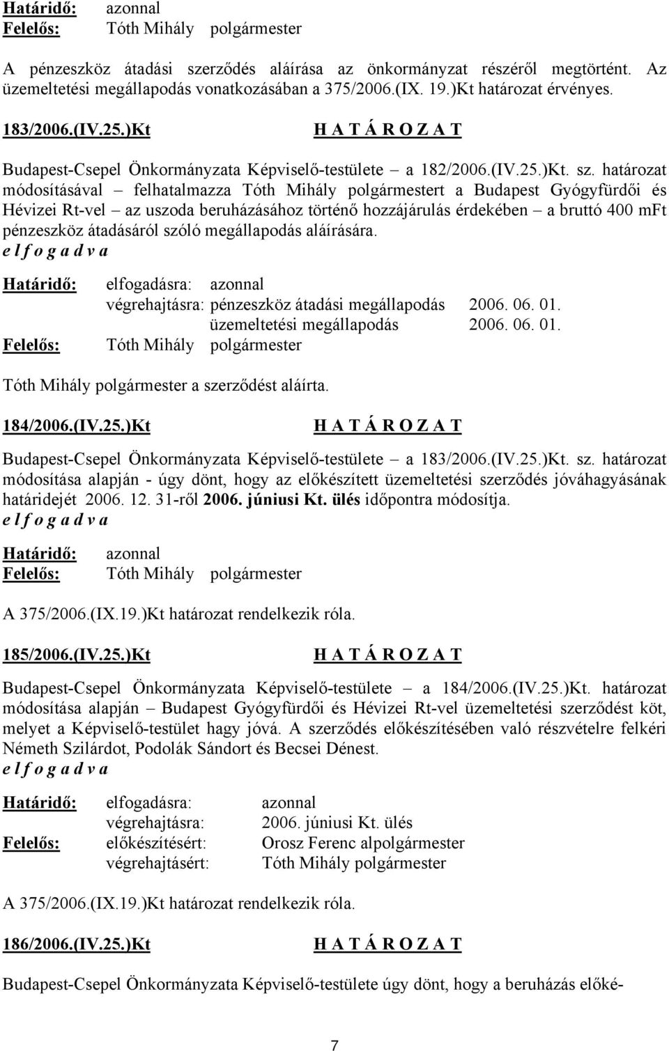 határozat módosításával felhatalmazza Tóth Mihály polgármestert a Budapest Gyógyfürdői és Hévizei Rt-vel az uszoda beruházásához történő hozzájárulás érdekében a bruttó 400 mft pénzeszköz átadásáról