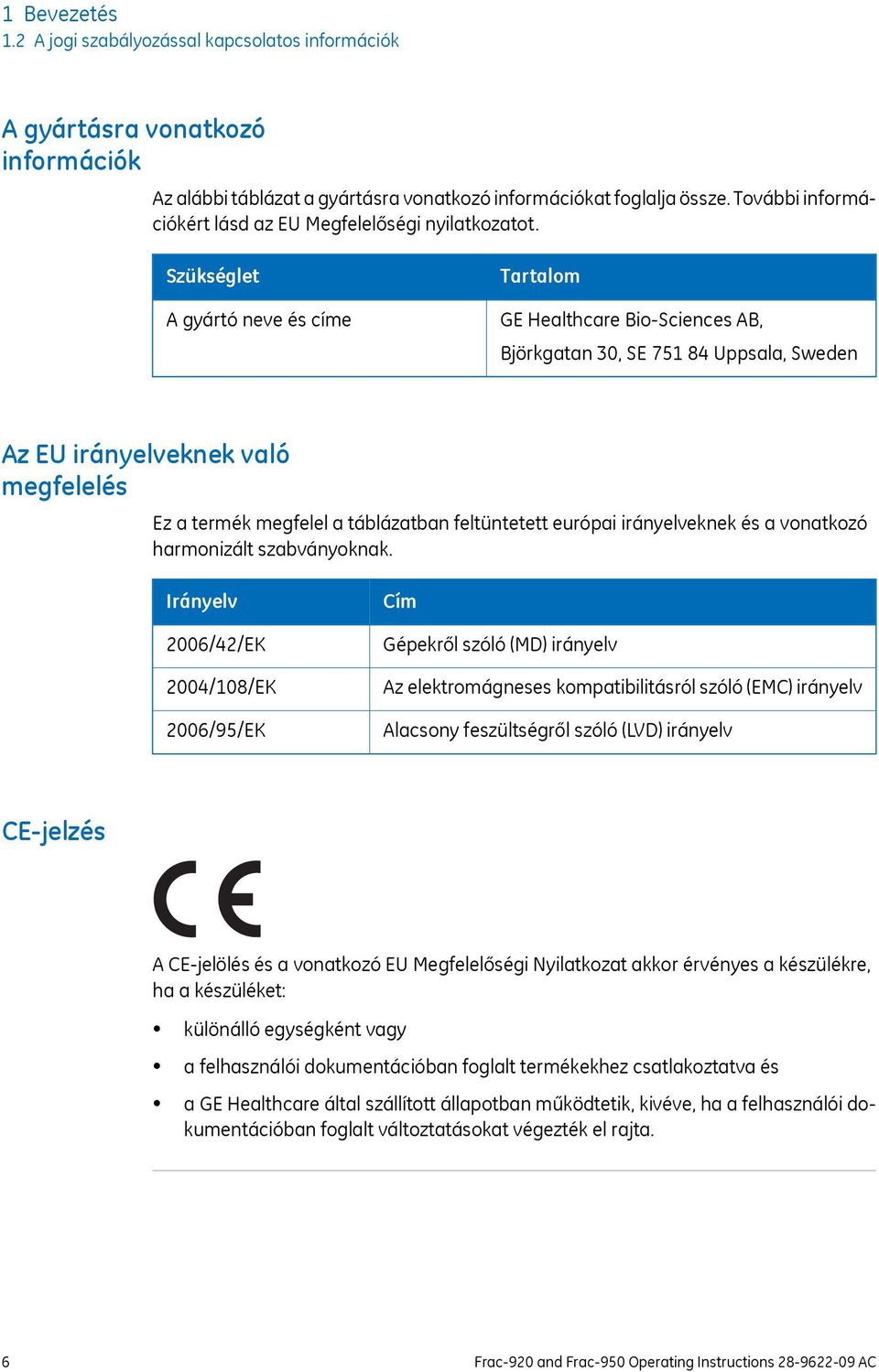 Szükséglet A gyártó neve és címe Tartalom GE Healthcare Bio-Sciences AB, Björkgatan 30, SE 751 84 Uppsala, Sweden Az EU irányelveknek való megfelelés Ez a termék megfelel a táblázatban feltüntetett