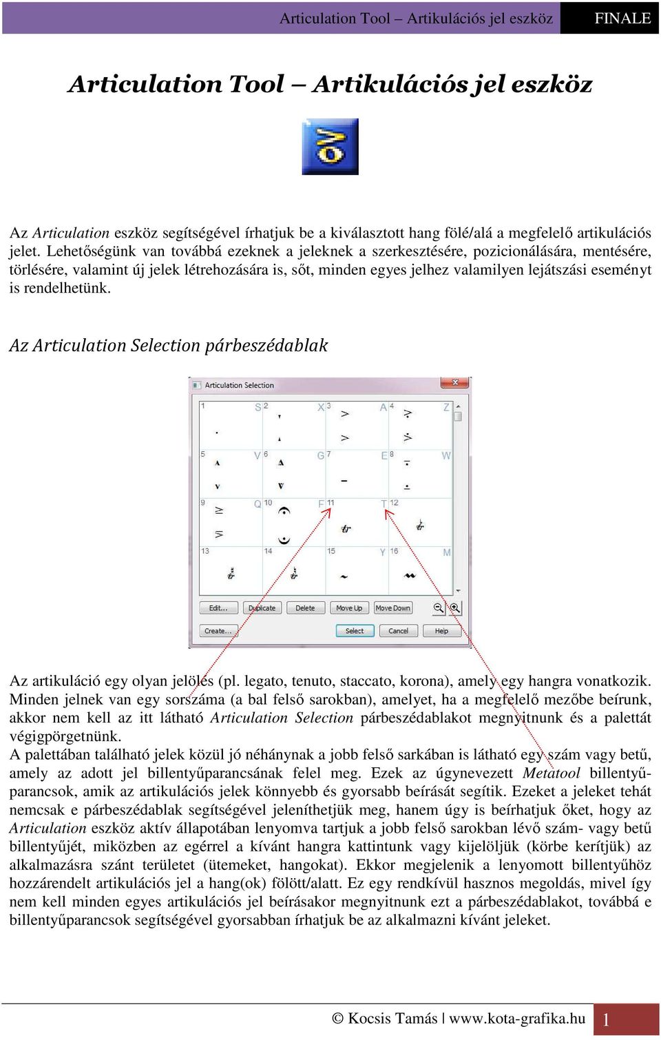 rendelhetünk. Az Articulation Selection párbeszédablak Az artikuláció egy olyan jelölés (pl. legato, tenuto, staccato, korona), amely egy hangra vonatkozik.