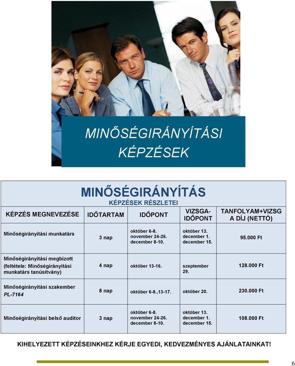 000 Ft Minőségirányítási megbízott (feltétele: Minőségirányítási munkatárs tanúsítvány) 4 nap október 13-16. szeptember 29. 128.