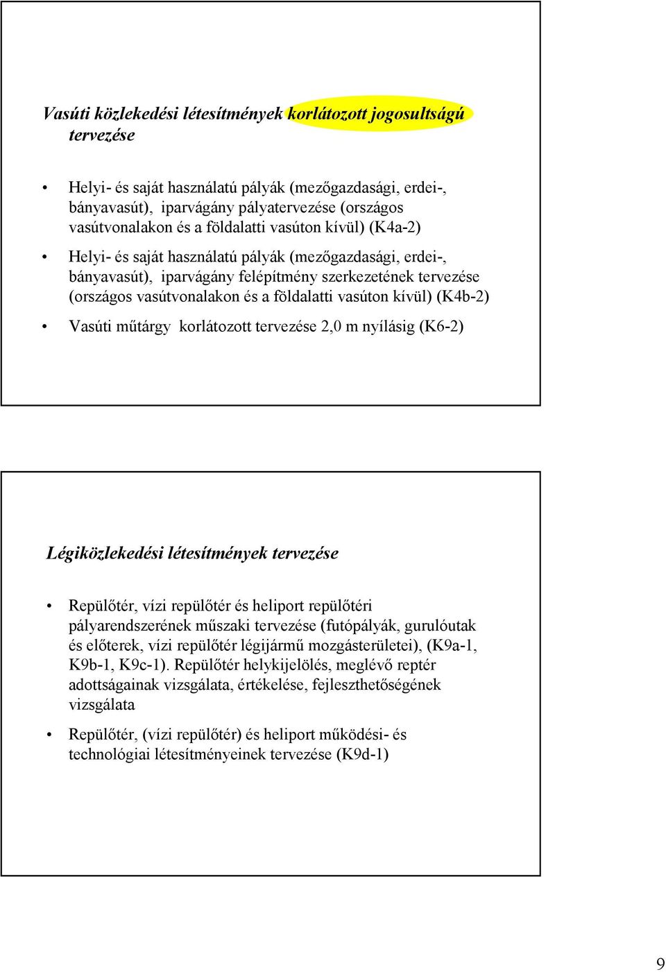 vasúton kívül) (K4b-2) Vasúti mőtárgy korlátozott tervezése 2,0 m nyílásig (K6-2) Légiközlekedési létesítmények tervezése Repülıtér, vízi repülıtér és heliport repülıtéri pályarendszerének mőszaki