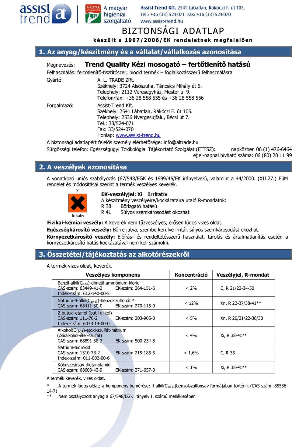 felhasználásra Gyártó: A. L. TRADE ZRt. Székhely: 3724 Alsószuha, Táncsics Mihály út 6. Telephely: 2112 Veresegyház, Mester u. 9.