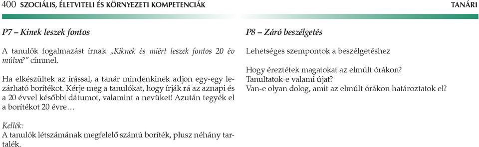 Kérje meg a tanulókat, hogy írják rá az aznapi és a 20 évvel késôbbi dátumot, valamint a nevüket!