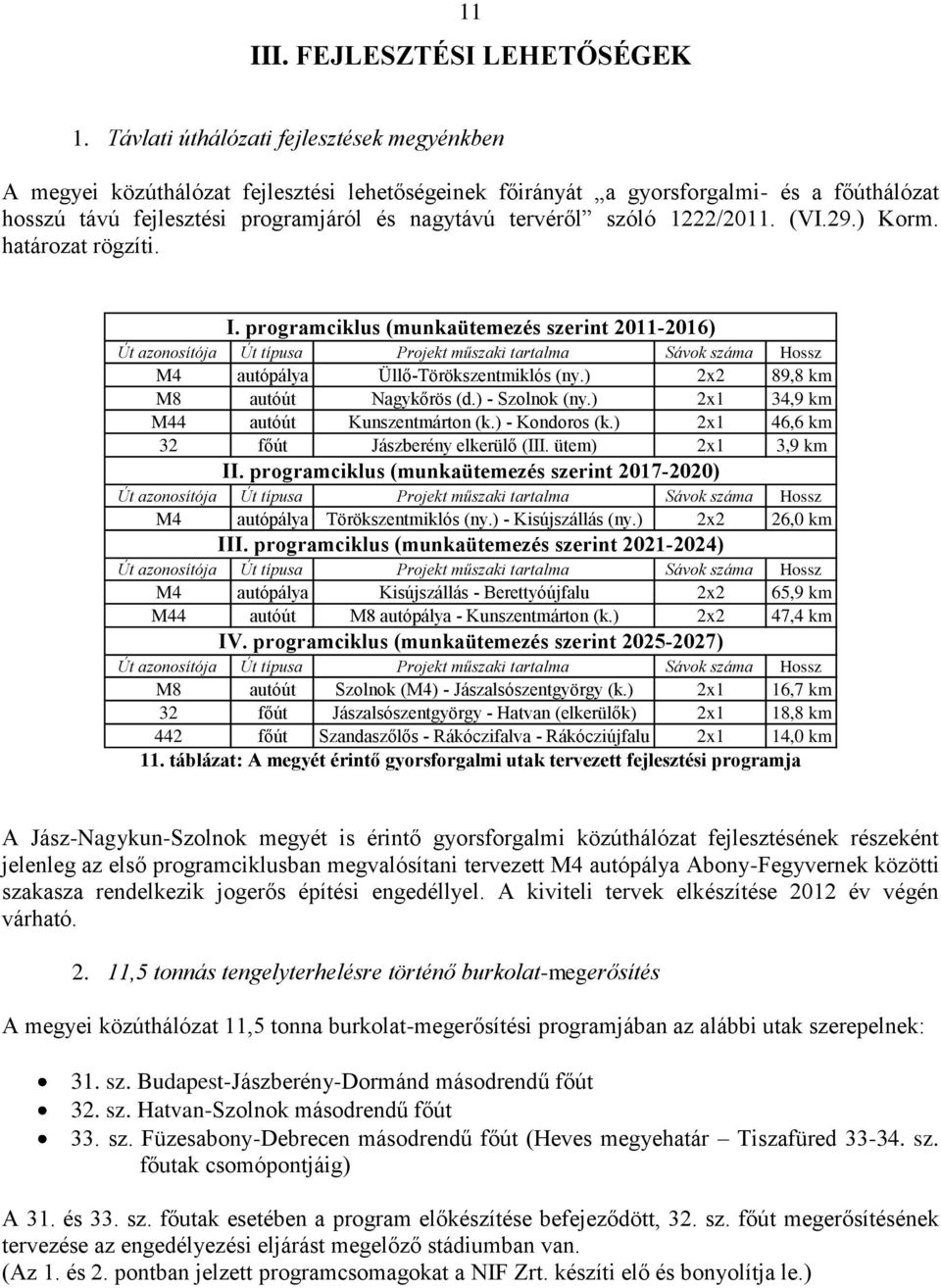 1222/. (VI.29.) Korm. határozat rögzíti. I. programciklus (munkaütemezés szerint -2016) Út azonosítója Út típusa Projekt műszaki tartalma Sávok száma Hossz M4 autópálya Üllő-Törökszentmiklós (ny.