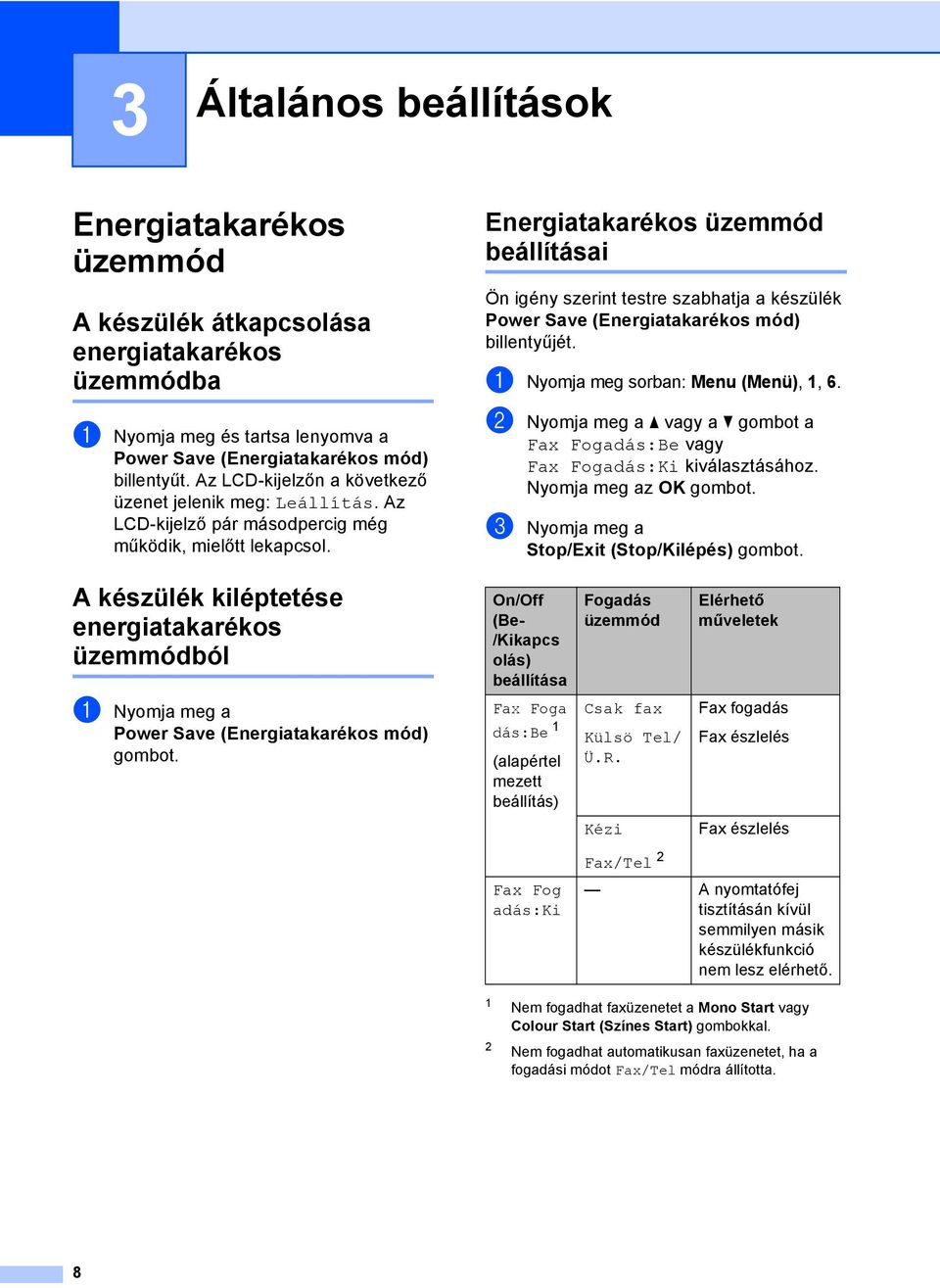 Energiatakarékos üzemmód beállításai 3 Ön igény szerint testre szabhatja a készülék Power Save (Energiatakarékos mód) billentyűjét. a Nyomja meg sorban: Menu (Menü), 1, 6.