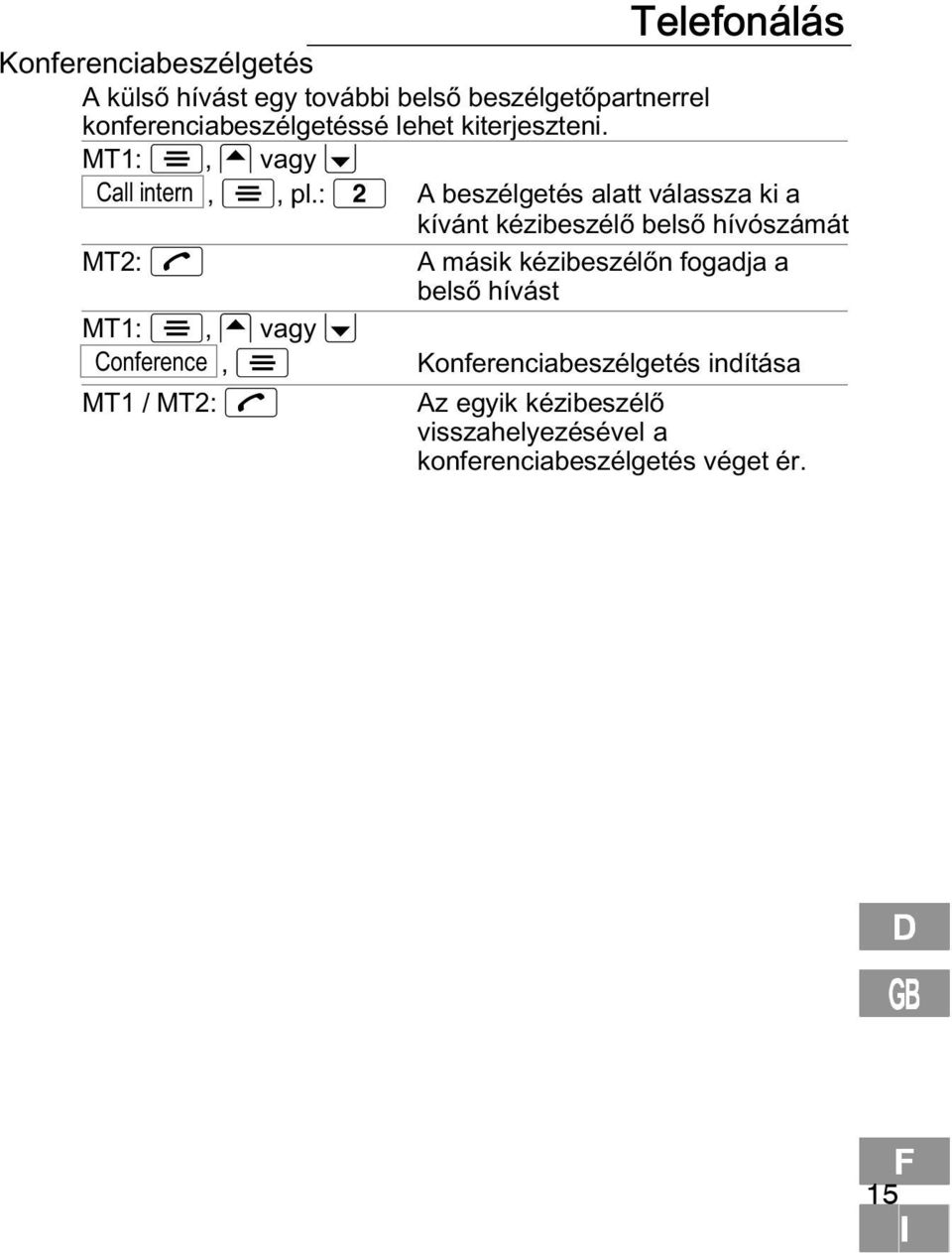 : MT2: MT1:, vagy Conference, MT1 / MT2: Telefonálás A beszélgetés alatt válassza ki a kívánt kézibeszélő