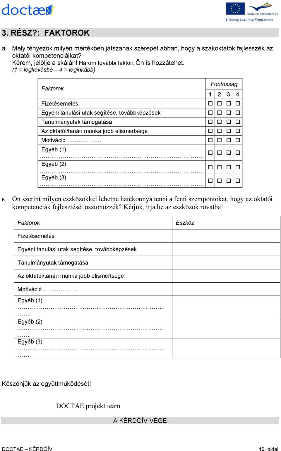 (1 = legkevésbé 4 = leginkább) Faktorok Fizetésemelés Egyéni tanulási utak segítése, továbbképzések Tanulmányutak támogatása Az oktatói/tanári munka jobb elismertsége Motiváció Egyéb (1).. Egyéb (2).