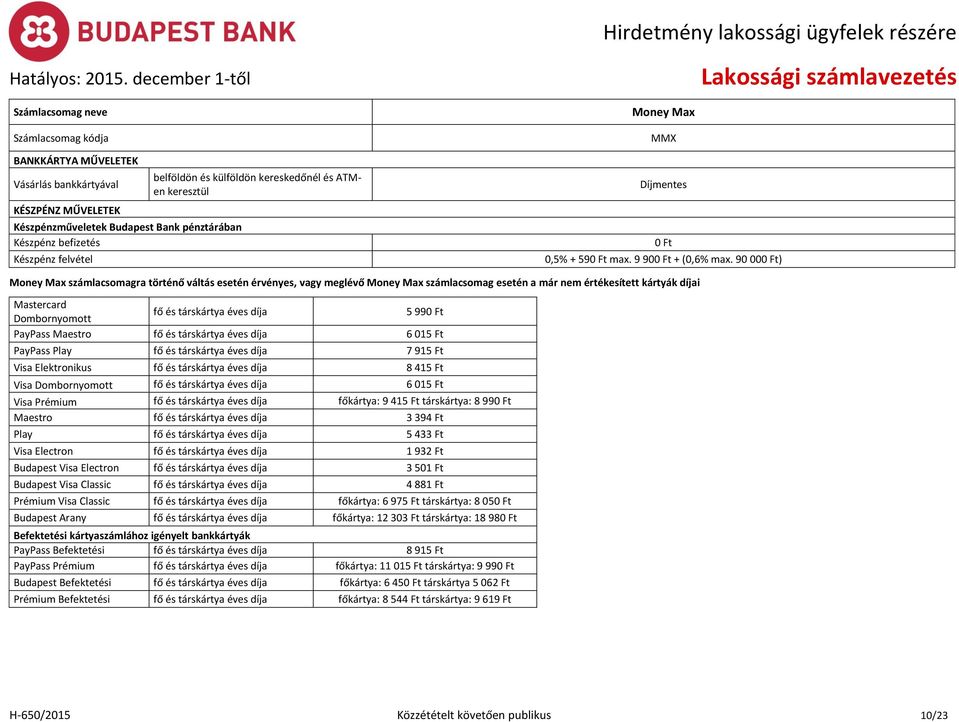 90 00) Money Max számlacsomagra történő váltás esetén érvényes, vagy meglévő Money Max számlacsomag esetén a már nem értékesített kártyák díjai Mastercard Dombornyomott fő és 5 99 PayPass Maestro fő