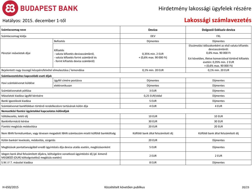90 00 Ezt követően, illetve konverzióval történő kifizetés esetén: 0,35% min. 2 EUR + (0,6% max. 90 00) Bejelentett nagy összegű készpénzfelvétel elmulasztása / lemondása 0,1% min. 20 EUR 0,1% min.