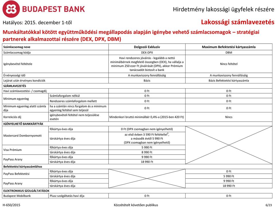 jóváírását (DPX), akkor Prémium tanácsadót biztosít a bank Nincs feltétel Érvényességi idő A munkaviszony fennállásáig A munkaviszony fennállásáig Lejárat után érvényes kondíciók Bázis Bázis