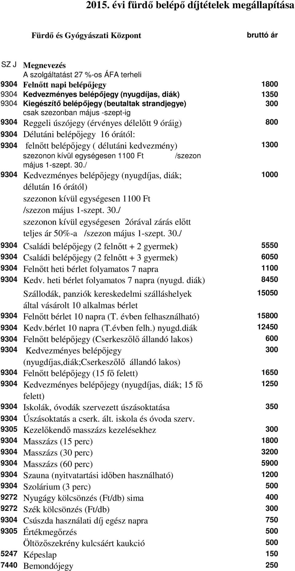 16 órától: 9304 felnőtt belépőjegy ( délutáni kedvezmény) 1300 szezonon kívül egységesen 1100 Ft /szezon május 1-szept. 30.