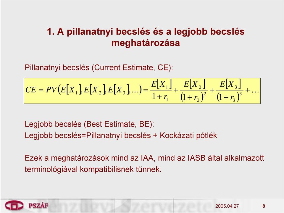 2 3 Legjobb becslés (Best Estimate, BE): Legjobb becslés=pillanatnyi becslés + Kockázati pótlék Ezek a