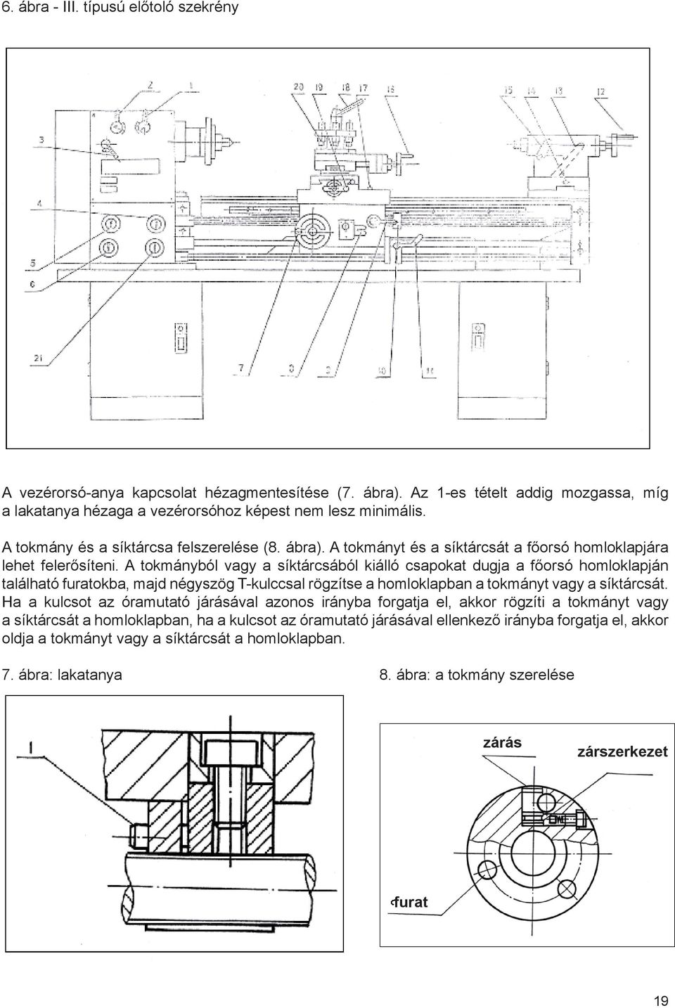 A tokmányból vagy a síktárcsából kiálló csapokat dugja a főorsó homloklapján található furatokba, majd négyszög T-kulccsal rögzítse a homloklapban a tokmányt vagy a síktárcsát.