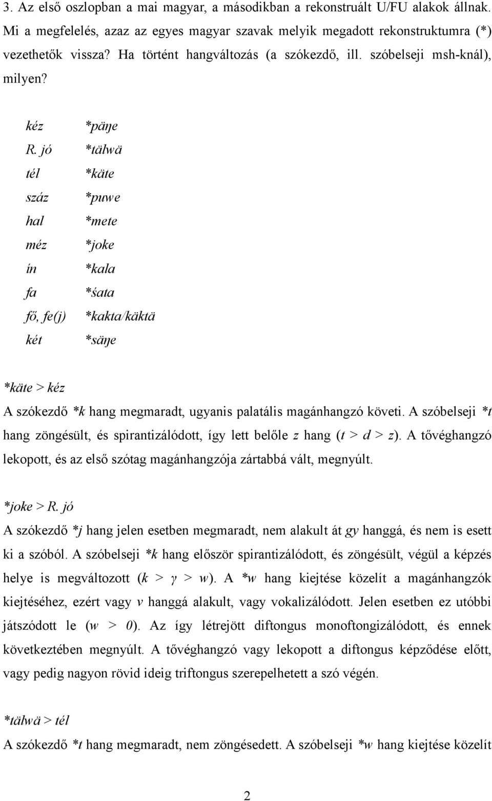 jó *tälwä tél *käte száz *puwe hal *mete méz *joke ín *kala fa *śata fő, fe(j) *kakta/käktä két *säŋe *käte > kéz A szókezdő *k hang megmaradt, ugyanis palatális magánhangzó követi.