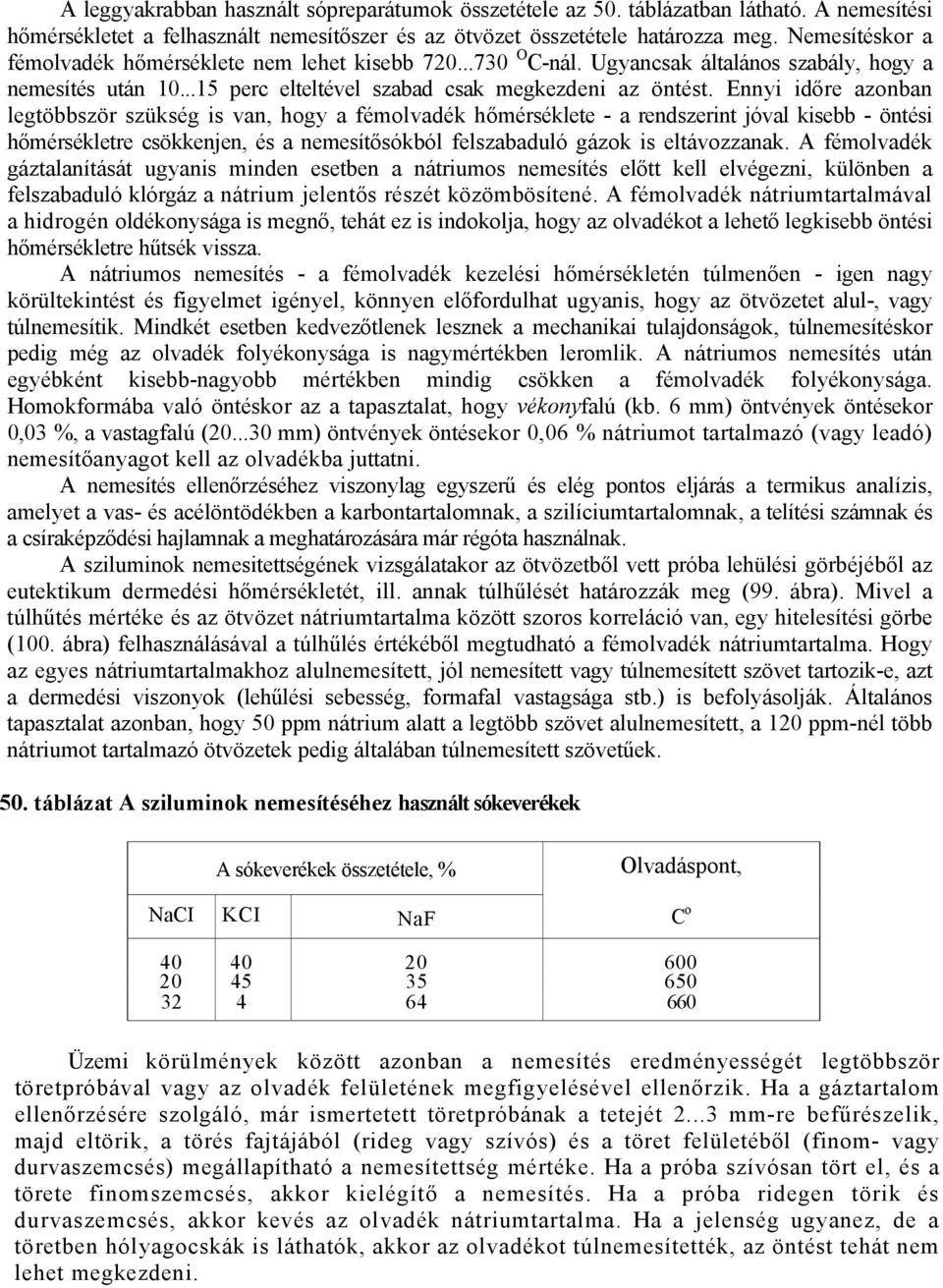 Ennyi időre azonban legtöbbször szükség is van, hogy a fémolvadék hőmérséklete - a rendszerint jóval kisebb - öntési hőmérsékletre csökkenjen, és a nemesítősókból felszabaduló gázok is eltávozzanak.