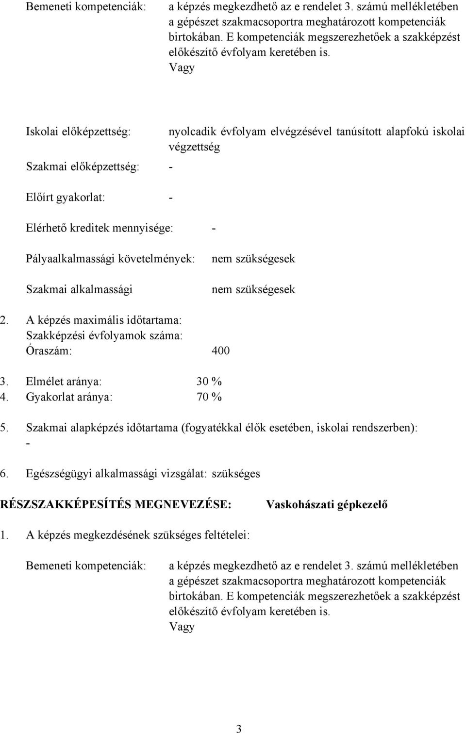 Vagy Iskolai előképzettség: Szakmai előképzettség: Előírt gyakorlat: nyolcadik évfolyam elvégzésével tanúsított alapfokú iskolai végzettség - - Elérhető kreditek mennyisége: - Pályaalkalmassági