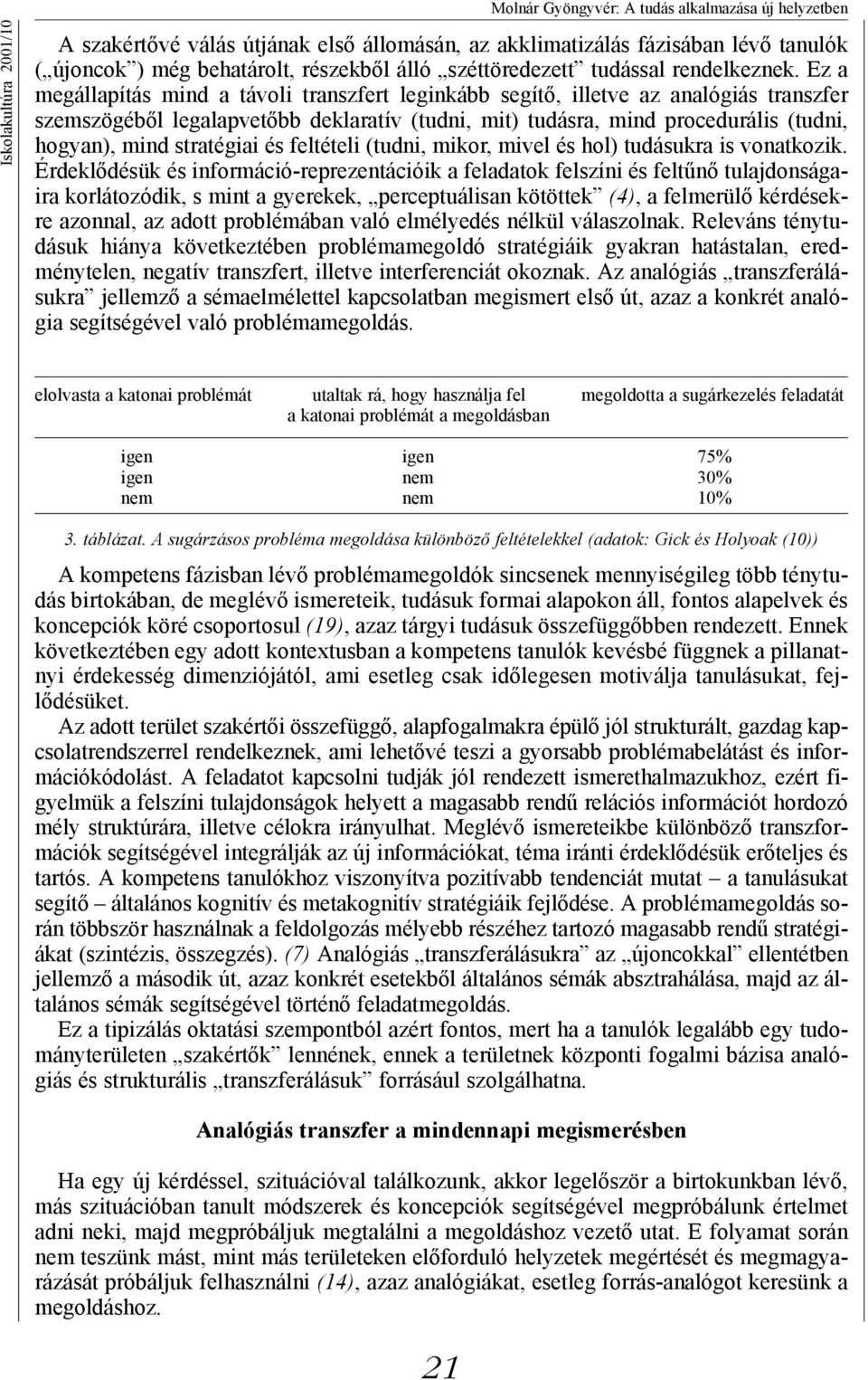 Ez a megállapítás mind a távoli transzfert leginkább segítő, illetve az analógiás transzfer szemszögéből legalapvetőbb deklaratív (tudni, mit) tudásra, mind procedurális (tudni, hogyan), mind