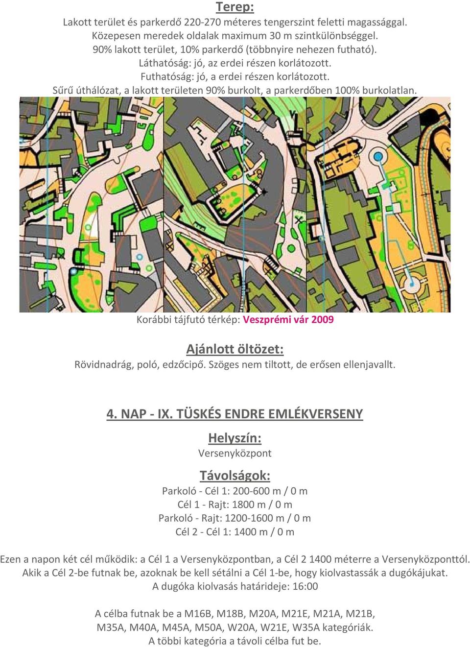 Sűrű úthálózat, a lakott területen 90% burkolt, a parkerdőben 100% burkolatlan. Korábbi tájfutó térkép: Veszprémi vár 2009 Ajánlott öltözet: Rövidnadrág, poló, edzőcipő.