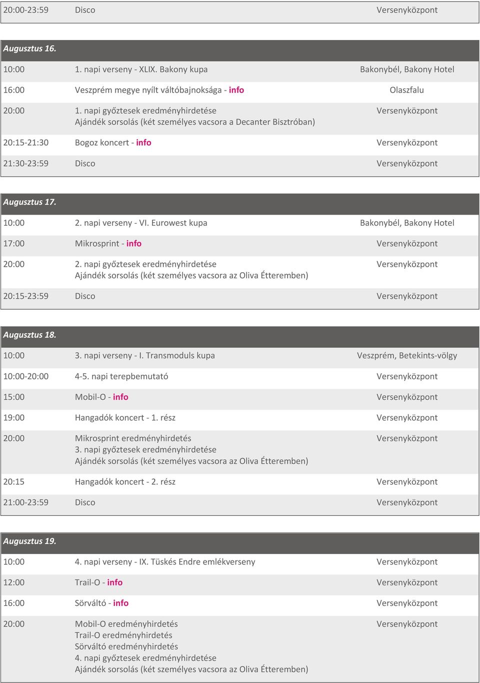 Augusztus 17. 10:00 2. napi verseny - VI. Eurowest kupa Bakonybél, Bakony Hotel 17:00 Mikrosprint - info Versenyközpont 20:00 2.