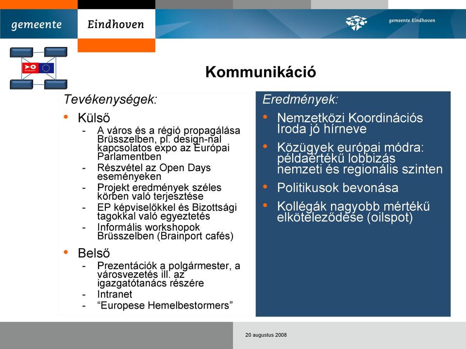 Bizottsági tagokkal való egyeztetés - Informális workshopok Brüsszelben (Brainport cafés) Belső - Prezentációk a polgármester, a városvezetés ill.