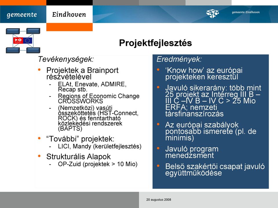 - LICI, Mandy (kerületfejlesztés) Strukturális Alapok - OP-Zuid (projektek > 10 Mio) Eredmények: Know how az európai projekteken keresztül Javuló sikerarány: több